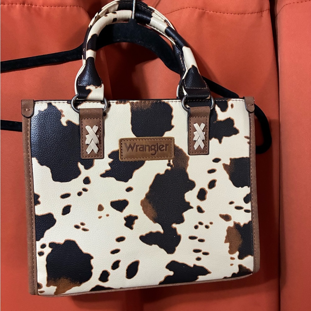 Wrangler Cow Print Satchel in Cream, Brown & Black
